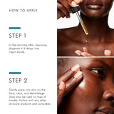 Step-by-step guide showing how to apply SkinCeuticals Phloretin CF serum to face and neck for optimal antioxidant protection