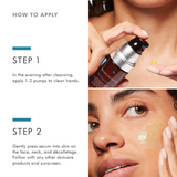 How to apply SkinCeuticals Resveratrol B E serum, showing hands dispensing antioxidant serum for nighttime use to improve firmness and skin radiance
