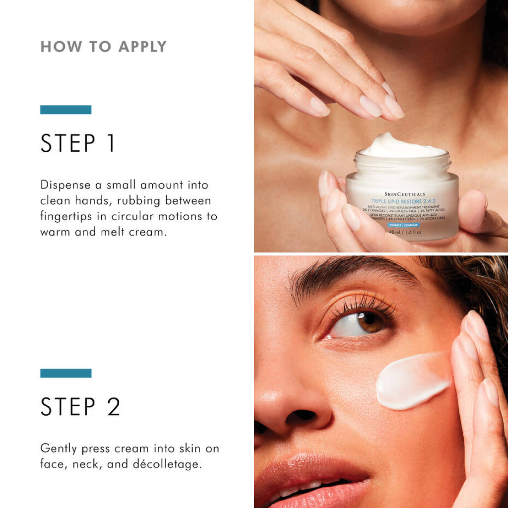 How to apply SkinCeuticals Triple Lipid Restore 2:4:2 cream for optimal skin barrier repair and hydration