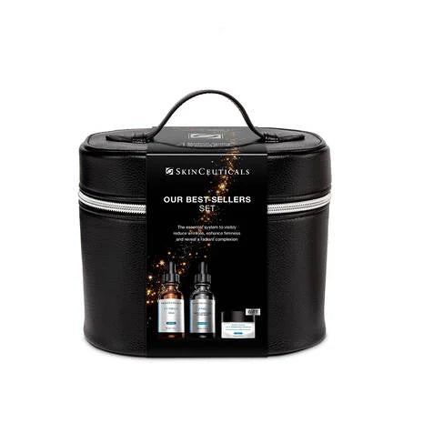 The Skinceuticals Holiday Our Best-Sellers Set displayed with its retail black bag packaging