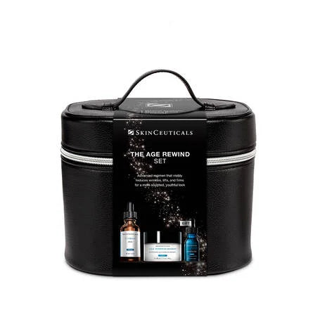 The Skinceuticals Holiday The Age Rewind Set displayed with its retail black bag packaging