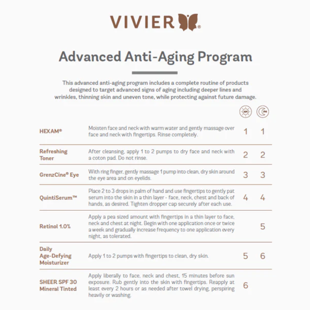 Vivier Advanced Anti-Aging Program morning and night routine, highlighting the complete skincare regimen with products for prepping, targeting, moisturizing, and protecting the skin