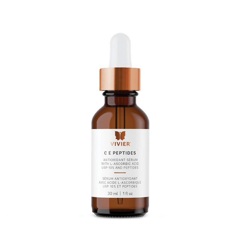 Vivier C E Peptides Vitamin C serum in a sleek glass bottle with dropper, advanced anti-aging skincare
