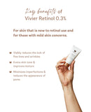 Key benefits of Vivier Retinol 0.3% – reduces fine lines, evens skin tone, refines texture, boosts radiance, and enhances skin firmness for a youthful glow