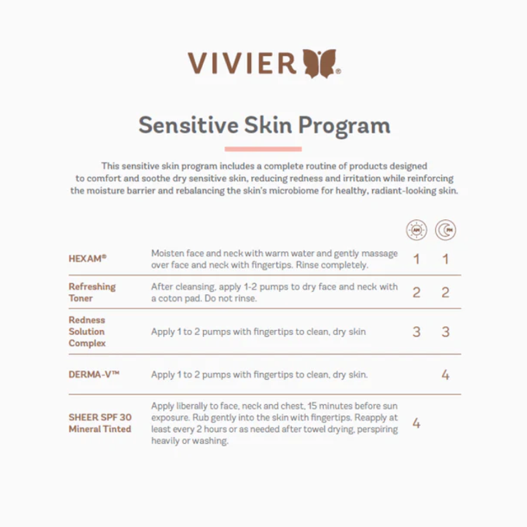 Vivier Sensitive Skin Program morning and evening routine, showcasing a step-by-step skincare regimen with full-size products for soothing and hydrating sensitive skin