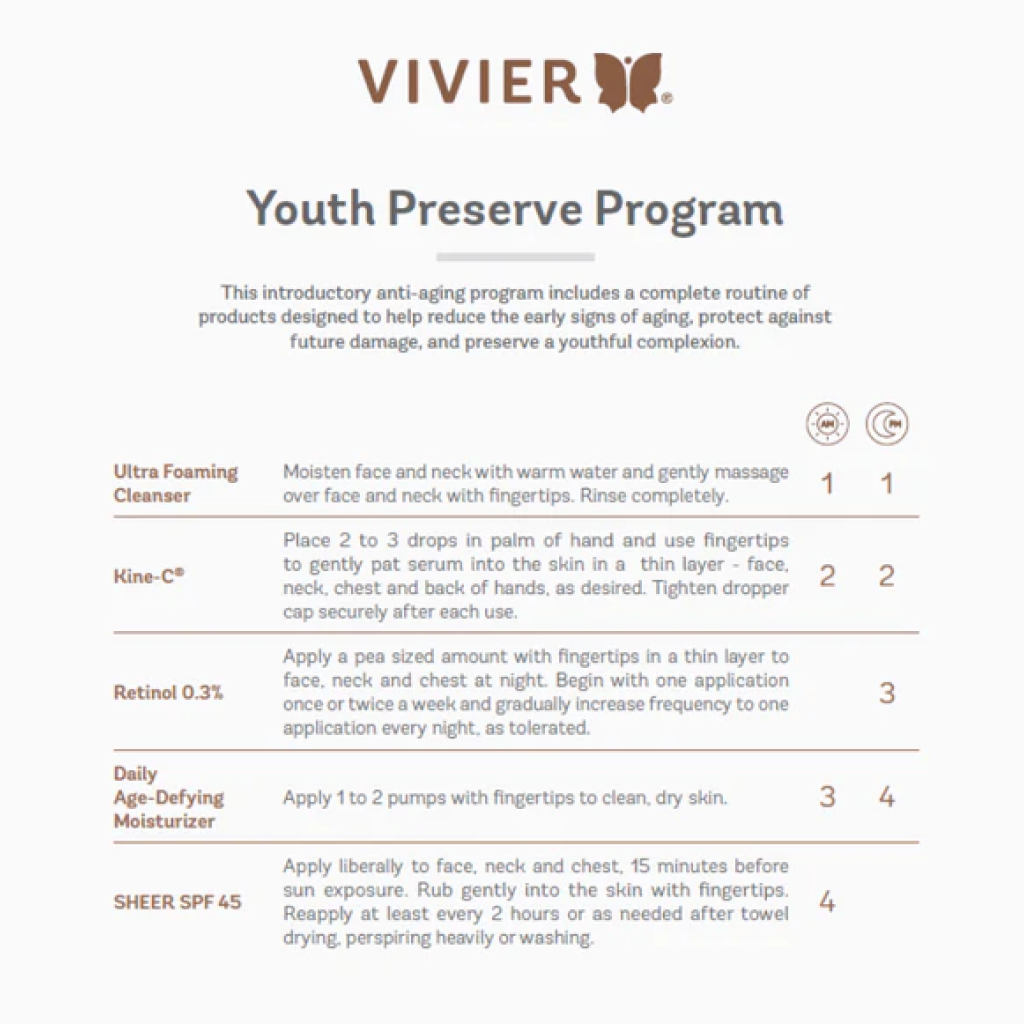 Vivier Youth Preserve Program skincare set, featuring full-size products for morning and evening routines. Includes Ultra Foaming Cleanser, Kine-C®, Retinol 0.3%, Daily Age-Defying Moisturizer, and SHEER SPF 45