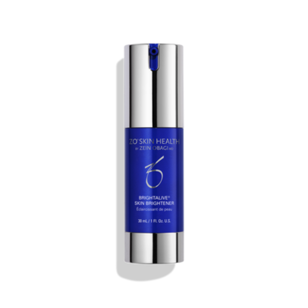 Product image of ZO Brightalive® Skin Brightener Travel Size (30ml) in compact silver and blue packaging, designed to brighten skin, fade dark spots, and enhance clarity with a gentle, non-retinol, non-hydroquinone formula—perfect for travel