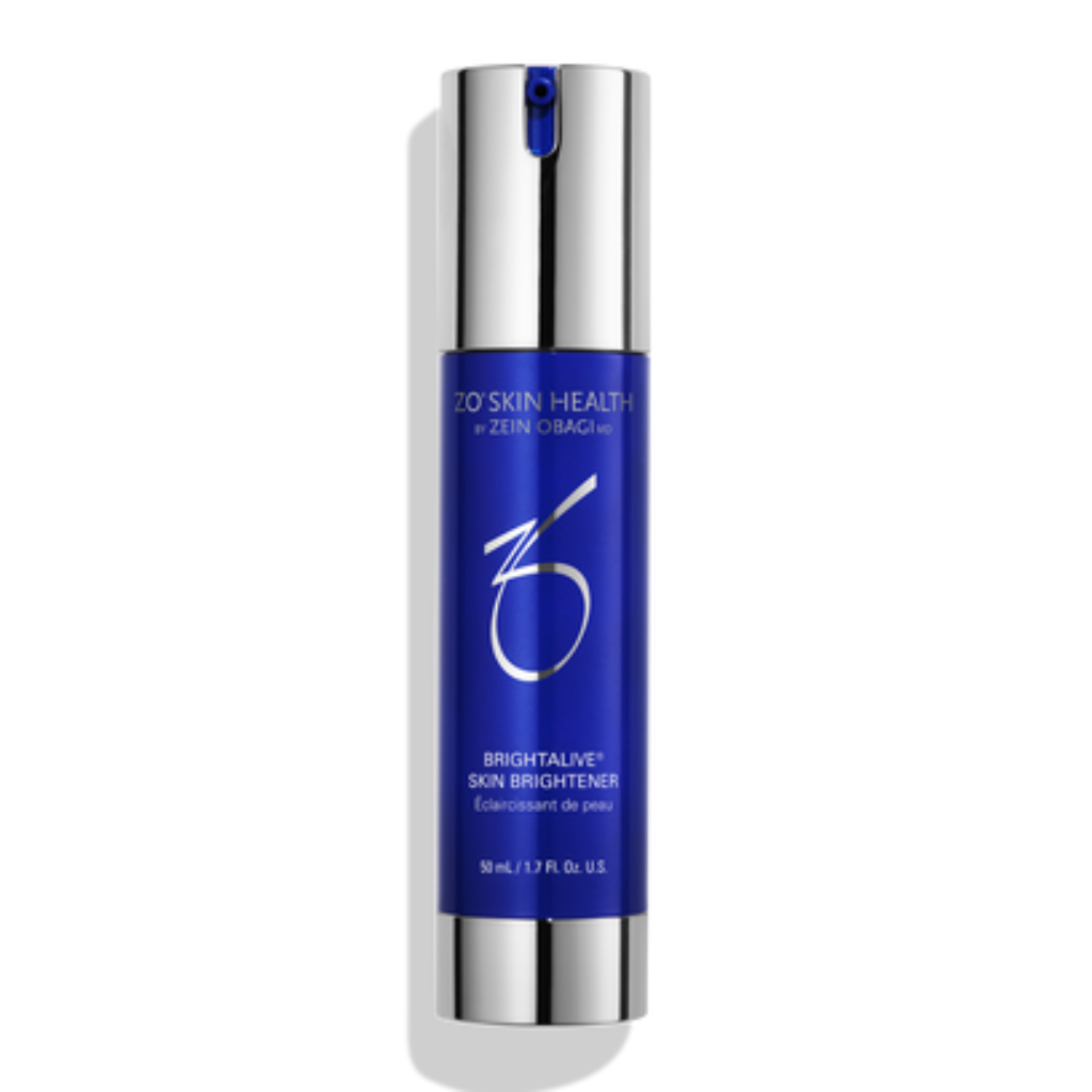 Product image of ZO Brightalive® Skin Brightener in sleek silver and blue packaging, designed to visibly reduce dark spots, enhance clarity, and brighten skin tone with a gentle, non-retinol, non-hydroquinone formula