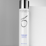 ZO Skin Health Calming Toner pH Balancer 180ml bottle displayed against a grey background wall, highlighting its alcohol-free formula with witch hazel and hydrators for soothing sensitive skin