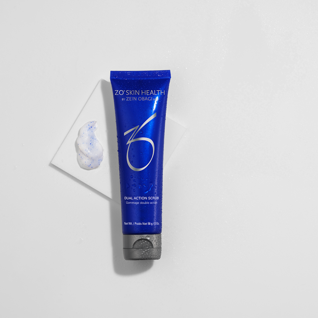 Close-up of ZO Dual Action Scrub textured cream – rich exfoliating formula with visible microbeads, designed to unclog pores and smooth oily or acne-prone skin