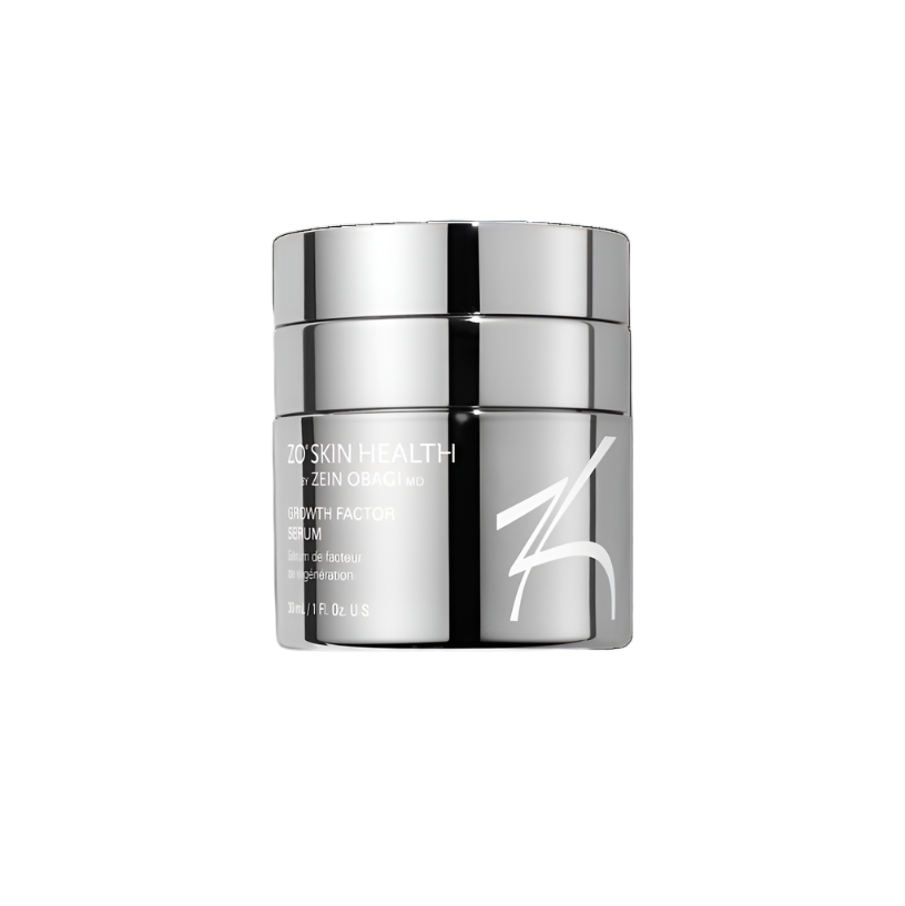 Product image of ZO Growth Factor Serum (30ml) in sleek silver and blue packaging, highlighting its lightweight, rejuvenating formula designed to visibly firm skin, smooth wrinkles, and enhance elasticity