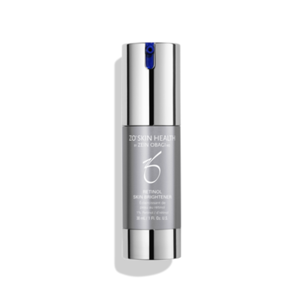 Product image of ZO Retinol Skin Brightener 1.0% Travel Size in compact silver and blue packaging, ideal for on-the-go brightening, targeting dark spots, evening skin tone, and improving texture with high-strength retinol