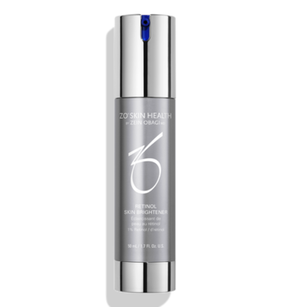 Product image of ZO Retinol Skin Brightener 1.0% in sleek silver and blue packaging, designed to target stubborn dark spots, uneven skin tone, and rough texture with high-potency retinol for advanced brightening and skin renewal.