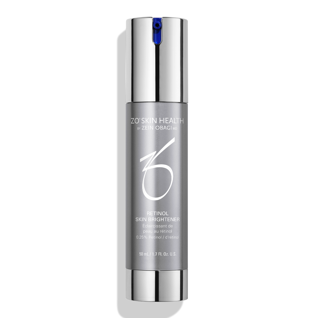 Product image of ZO Retinol Skin Brightener 0.25%, featuring sleek silver and blue packaging, designed to enhance skin clarity, reduce dark spots, and improve skin texture with gentle retinol-powered brightening