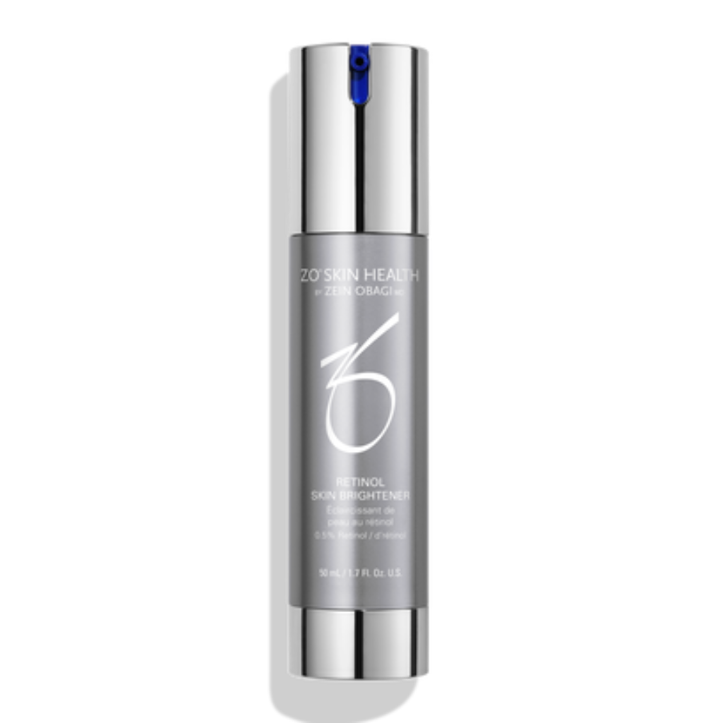Product image of ZO Retinol Skin Brightener 0.5% in sleek silver and blue packaging, formulated to visibly improve skin tone, fade dark spots, and smooth texture with moderate-strength retinol for effective brightening.