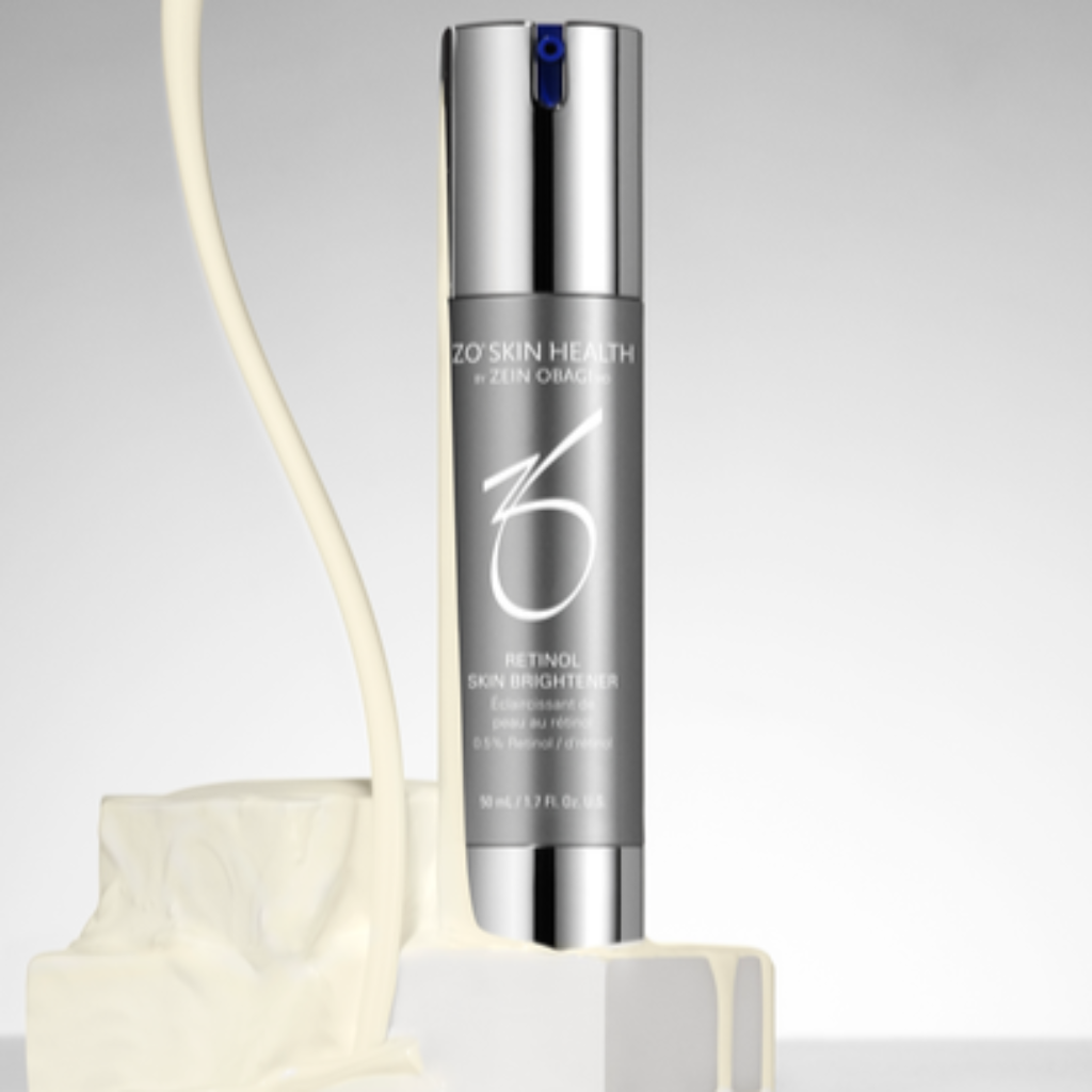 Product image of ZO Retinol Skin Brightener Full Size with cream swatch texture flowing beside the bottle, highlighting its smooth, rich consistency and powerful retinol formula designed to brighten skin, reduce dark spots, and refine texture.