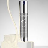 Product image of ZO Retinol Skin Brightener Full Size with cream swatch texture flowing beside the bottle, highlighting its smooth, rich consistency and powerful retinol formula designed to brighten skin, reduce dark spots, and refine texture.