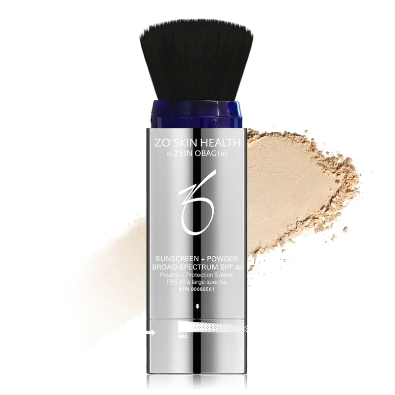 ZO Sunscreen + Powder Broad-Spectrum SPF 45 open brush with visible powder swatch, showcasing lightweight texture and tinted mineral finish