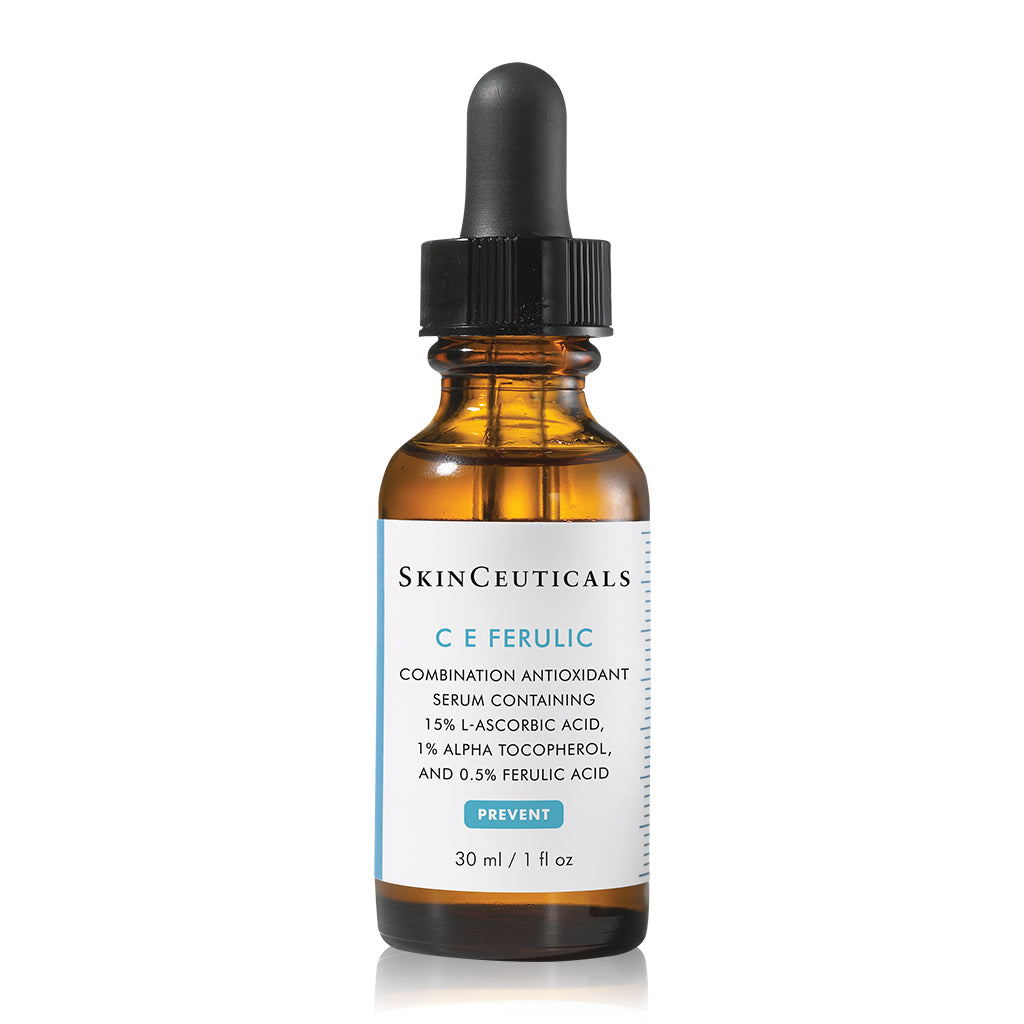 SkinCeuticals C E Ferulic serum bottle standing upright on a white background with dropper cap visible, showcasing its antioxidant skincare packaging