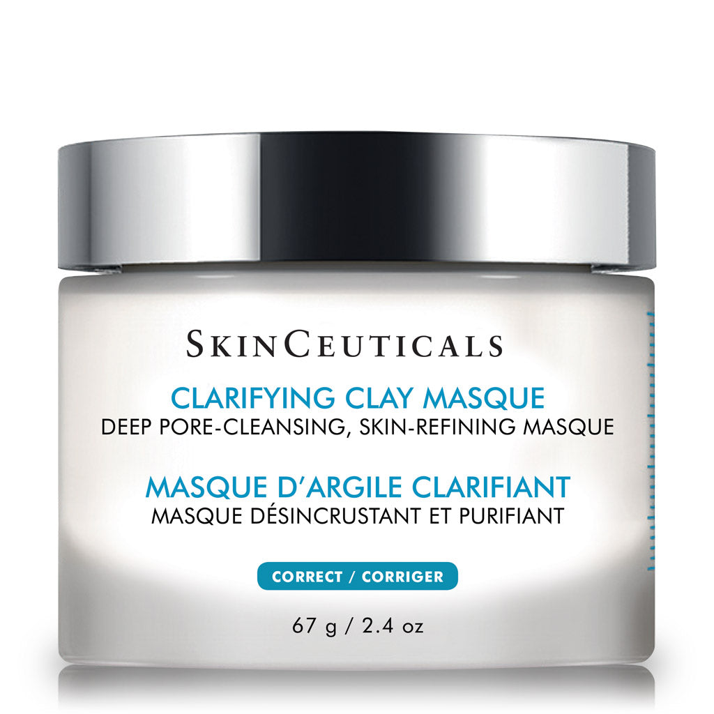 SkinCeuticals Clarifying Clay Masque jar on white background, showcasing non-drying clay mask for oily and congested skin