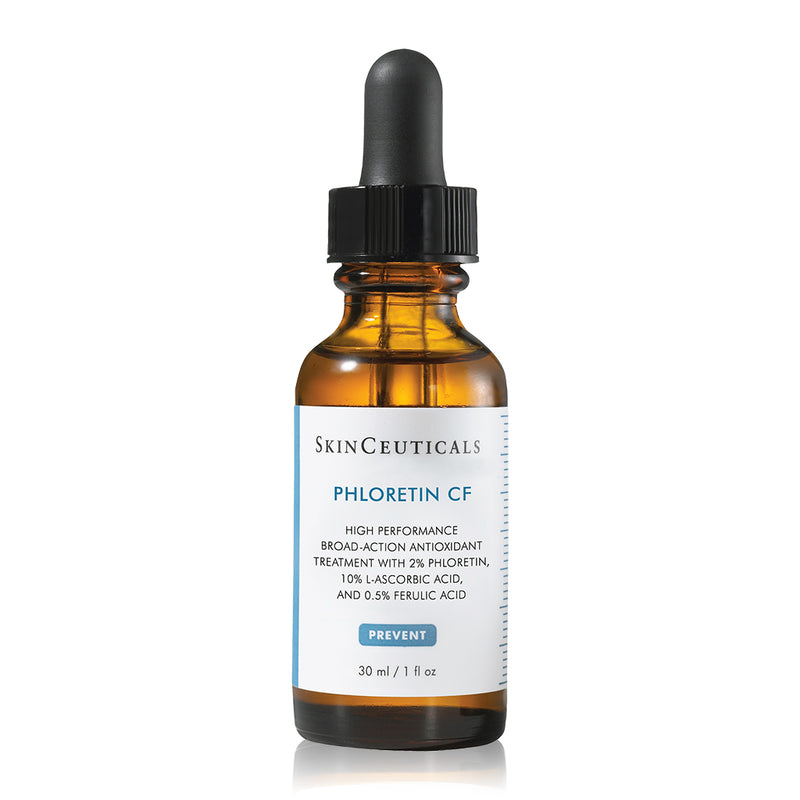 SkinCeuticals Phloretin CF antioxidant serum bottle displayed upright, designed to brighten skin tone and protect against environmental damage