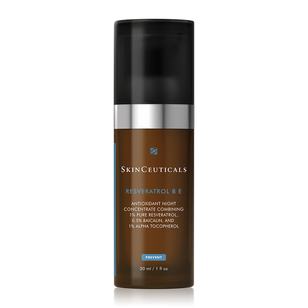 SkinCeuticals Resveratrol B E antioxidant serum in a dark glass bottle, designed to boost skin radiance and firm mature skin overnight
