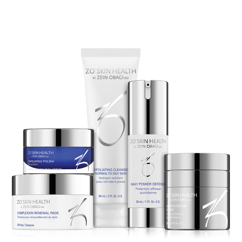 ZO Anti-Aging Program contents arranged together, showcasing multiple advanced skincare products formulated to reduce lines, wrinkles, and improve skin vitality.