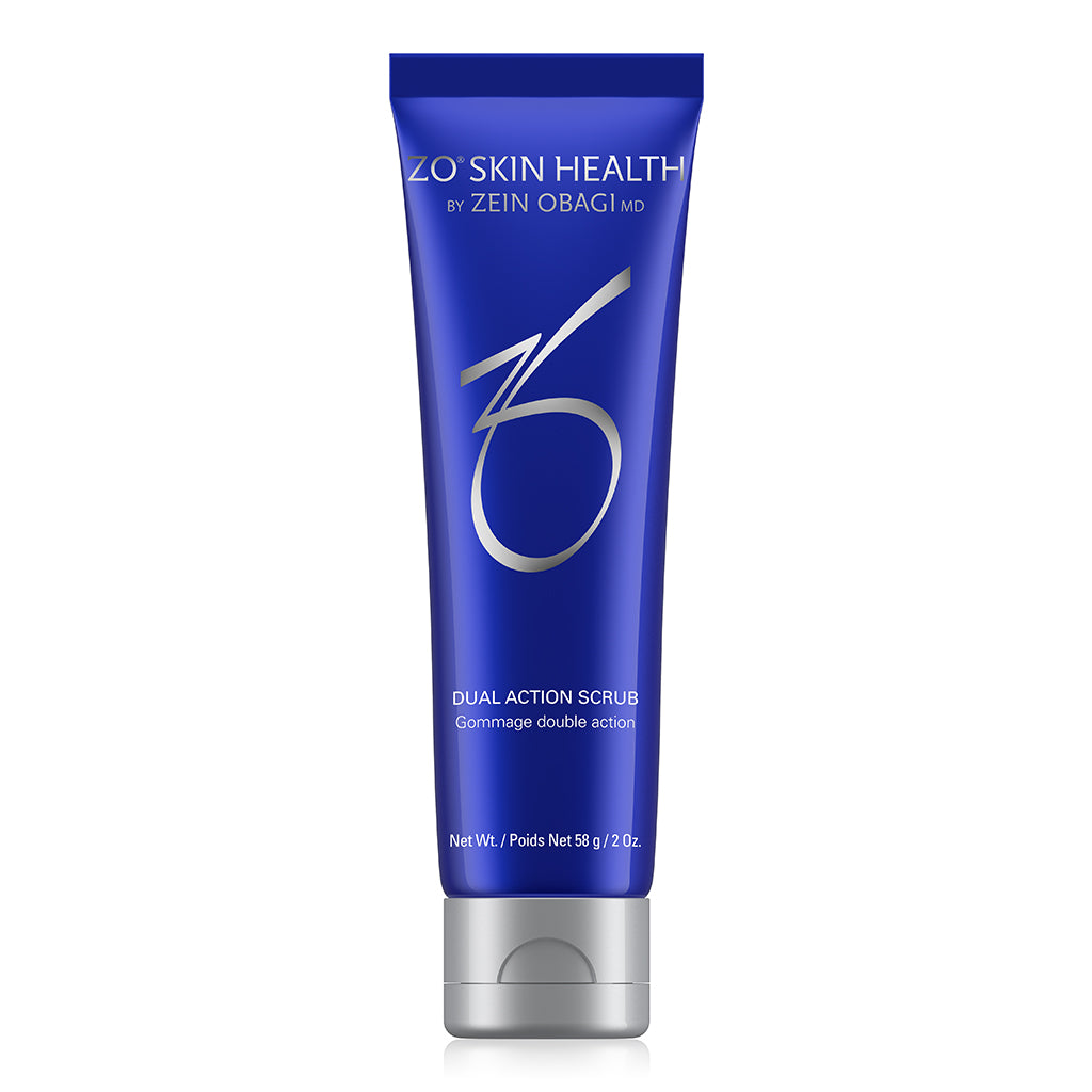 ZO Skin Health Dual Action Scrub 116g tube – exfoliating face scrub with salicylic and lactic acid, designed to unclog pores and smooth oily or acne-prone skin