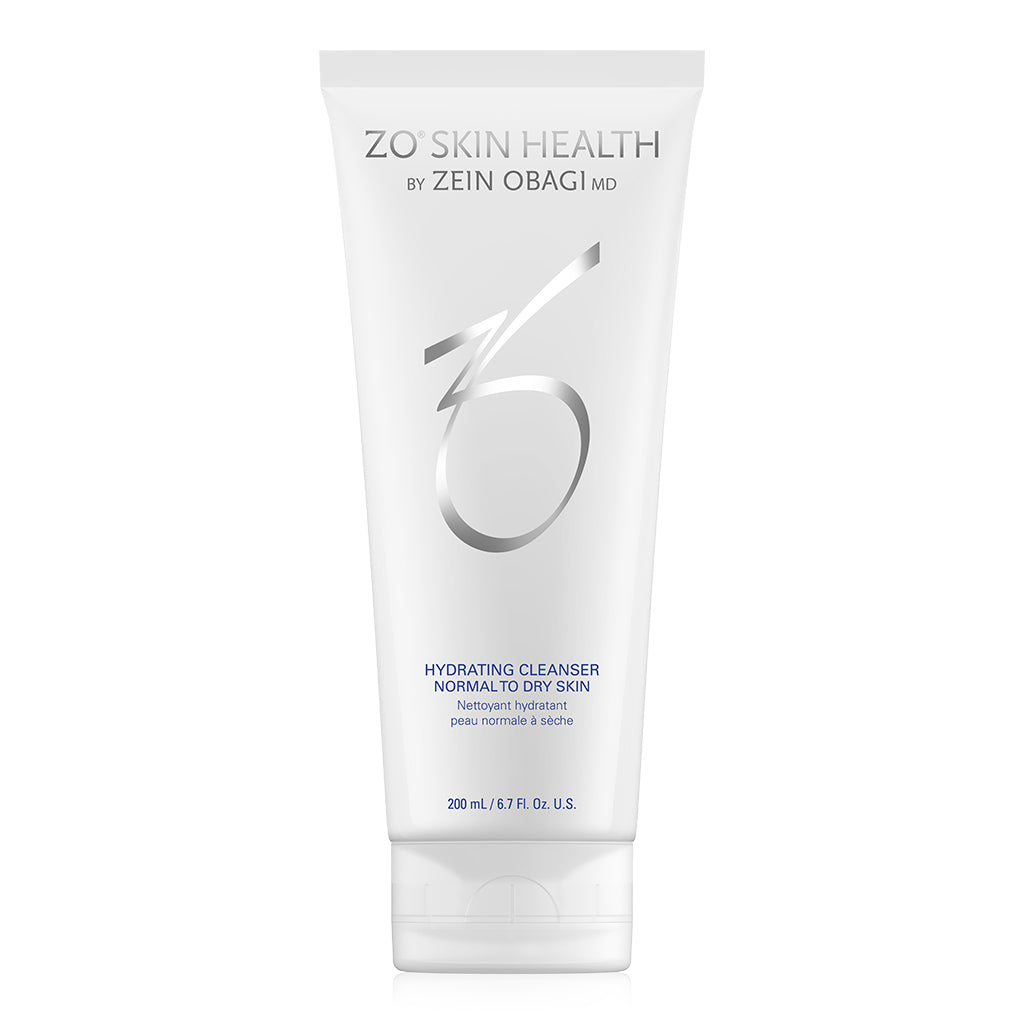 ZO Skin Health Hydrating Cleanser for normal to dry skin, 200 mL tube with silver and blue branding on a white background