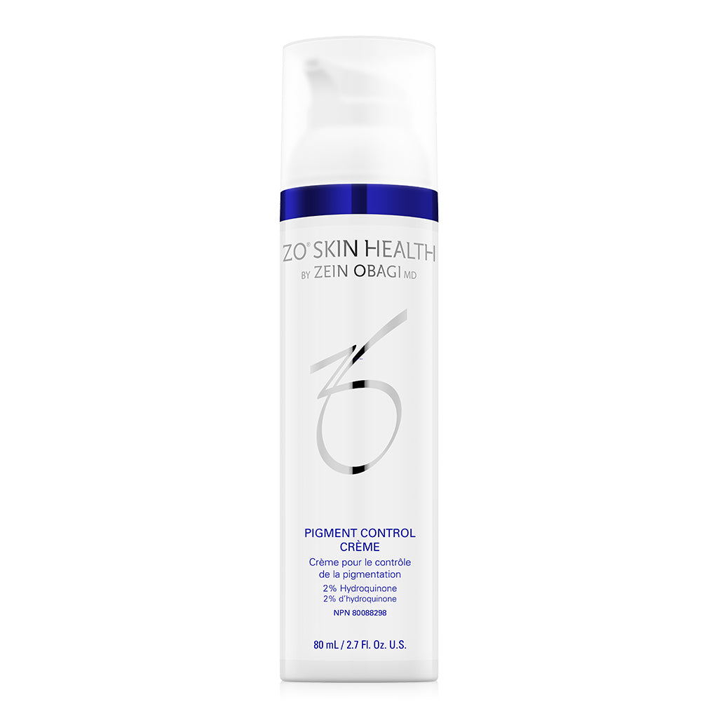 Product image of ZO® Pigment Control Crème 2% HQ in sleek silver and white packaging, formulated with 2% hydroquinone to help lighten hyperpigmentation, dark spots, and uneven skin tone for a brighter, more even complexion