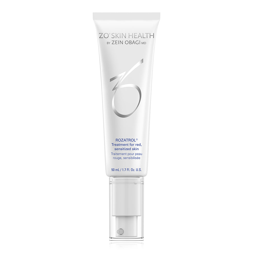 Product image of ZO Rozatrol® in sleek silver and blue packaging, formulated to soothe red, sensitized skin, reduce excess oil, and support rosacea-prone skin with gentle exfoliation and the ZO-RRS2™ complex