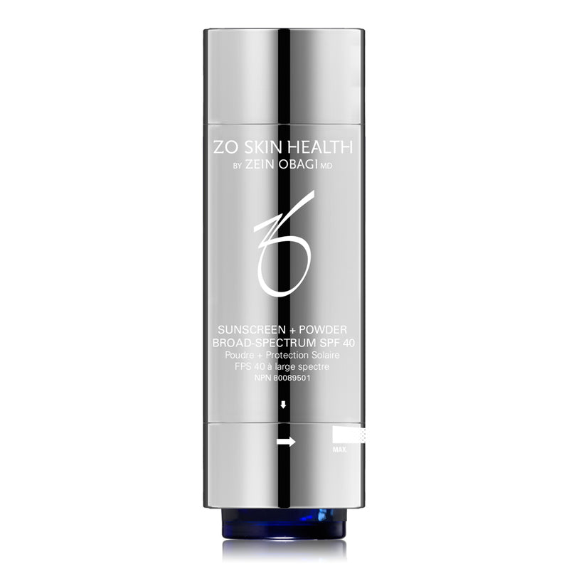 ZO Sunscreen + Powder Broad-Spectrum SPF 45 in sleek portable brush applicator, designed for easy on-the-go sun protection with a luminous, tinted finish.