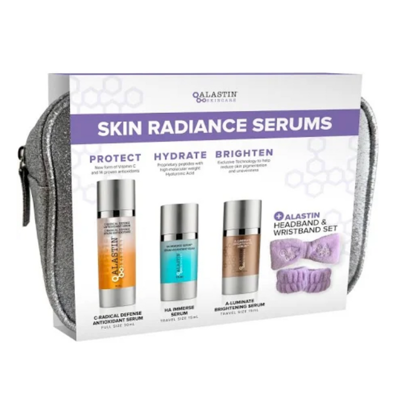 Alastin Skin Radiance Set packaging showcasing the boxed set of C-Radical Defense Antioxidant Serum, HA Immerse Serum, and A-Luminate Brightening Serum.