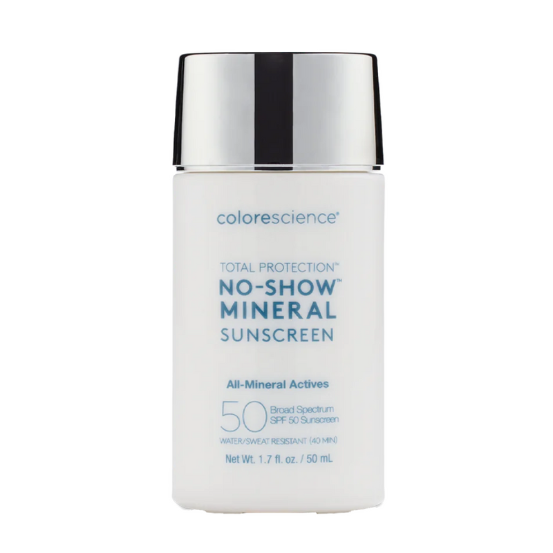 Colorescience Total Protection No-Show Mineral Sunscreen SPF 50 – 1.7 oz bottle featuring a sleek, modern design with a reflective silver cap and minimalist white label, emphasizing its sheer, non-tinted, all-mineral sun protection