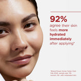 Woman's face with text indicating her own tester review regarding skin hydration improvement