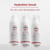 Three bottles of Elta MD UV Daily Broad Spectrum SPF 40 on a white background with 'Hydration boost' text.