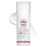 Eltma MD UV Daily sunscreen bottle infront of its swatch on a white background