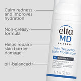 EltaMD Skin Recovery Light Moisturizer key benefits – soothes irritated skin, restores hydration, and strengthens the skin barrier with AAComplex
