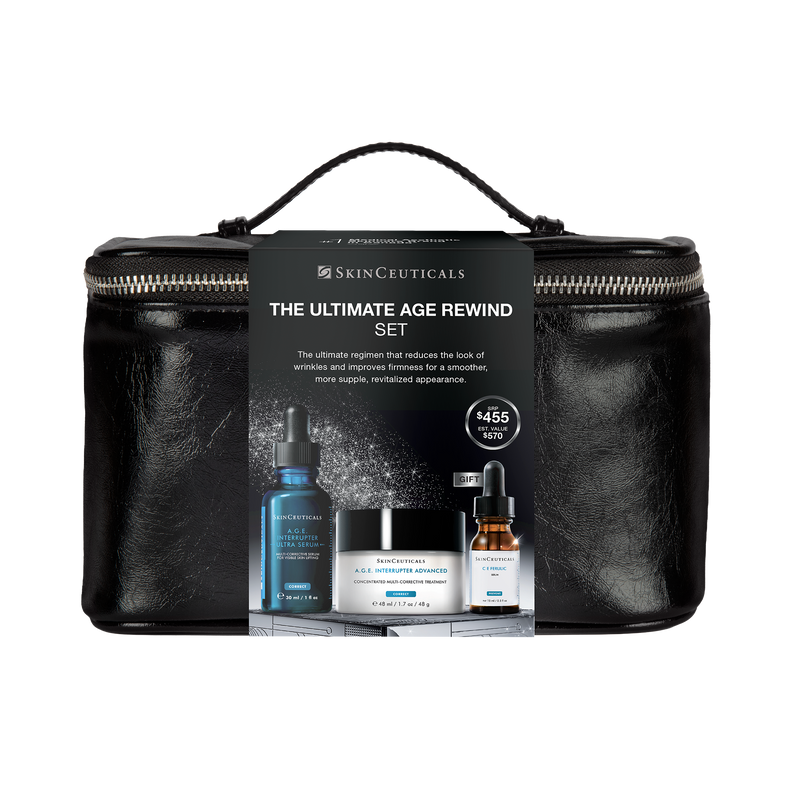 SkinCeuticals The Ultimate Age Rewind Set in a black faux-leather zippered case with a black handle, featuring a promotional card in front showing three skincare bottles and jars.