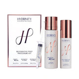 The Hydrinity Restorative Post Procedure Kit including bottles of Hyacyn Active, Restorative HA Serum, Restorative HA Serum syringe, and box packaging on a white background