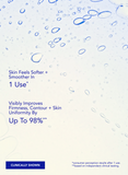 Product packaging with text about skin improvement and clinical testing results on a light blue background with bubbles.