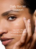 Close-up of a person applying skincare product with text about daily barrier support.