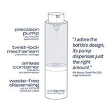 Skinbetter Science bottle with features listed and a testimonial quote about its airless pump packaging on a white background