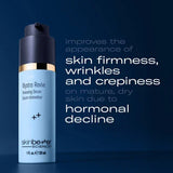 Skincare Mystro Revive Renewing Serum bottle with text on the key benefit of the product on a dark blue background