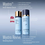 Mystro Active Balance Serum and Mystro Revive Renewing Serum with product details on a light blue background.