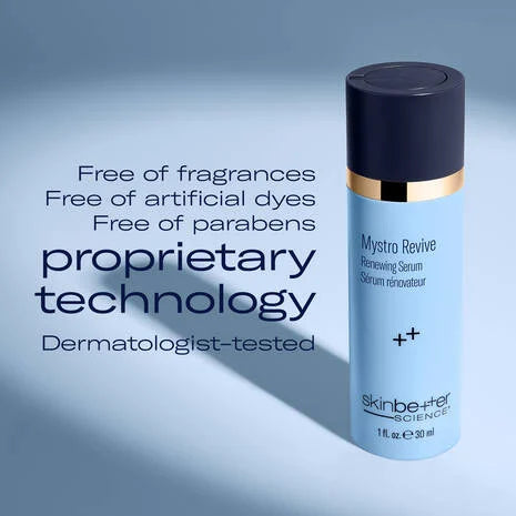 Skincare Mystro Revive Renewing Serum bottle with text highlighting features on a gradient background