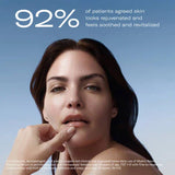 Woman with smooth skin against a blue background with text about skin rejuvenation results using Skincare Mystro Revive Renewing Serum