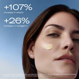 Woman's face with skincare product - Skincare Mystro Revive Renewing Serum- application, showing text about elastin and collagen increase.