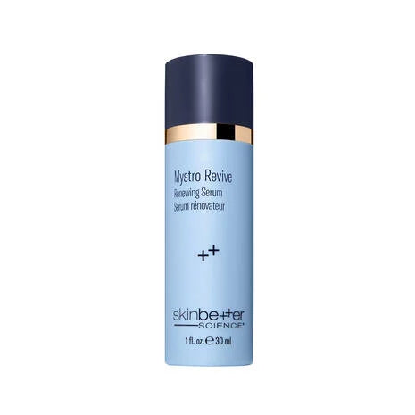 Skincare Mystro Revive Renewing Serum bottle labeled 'Mystro Revive' by SkinBetter Science on a white background
