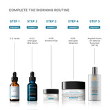 SkinCeuticals A.G.E. Interrupter Ultra Serum integrated lineup with step-by-step skincare morning routine on a white background